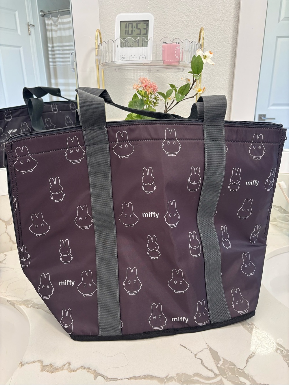 Miffy🐰🩶Black Patterned Large Tote Bag with Gray Straps
